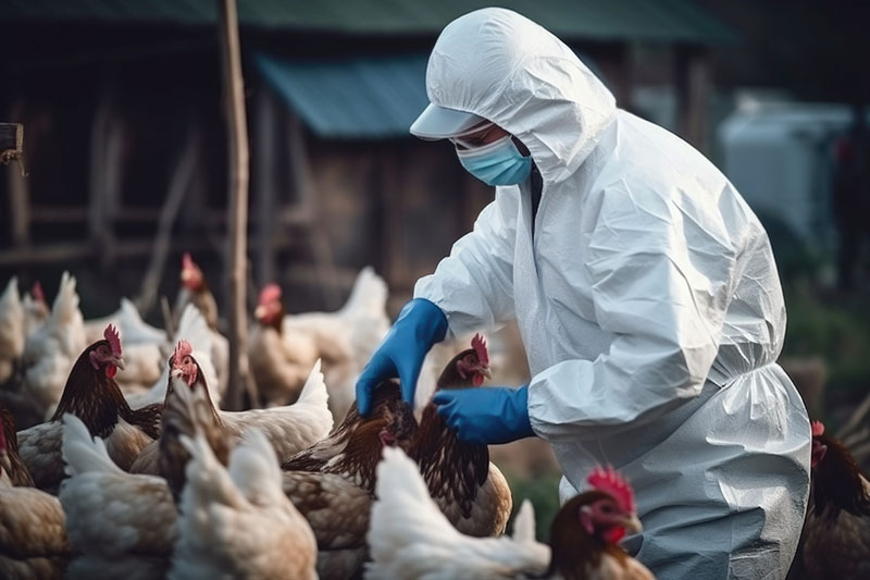 man in hazmat suit working with chickens