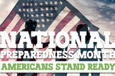 National Preparedness Month logo with silhouette of family and American flag in the background