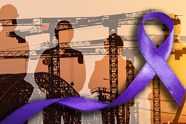 Purple ribbon with construction workers and cranes in the background
