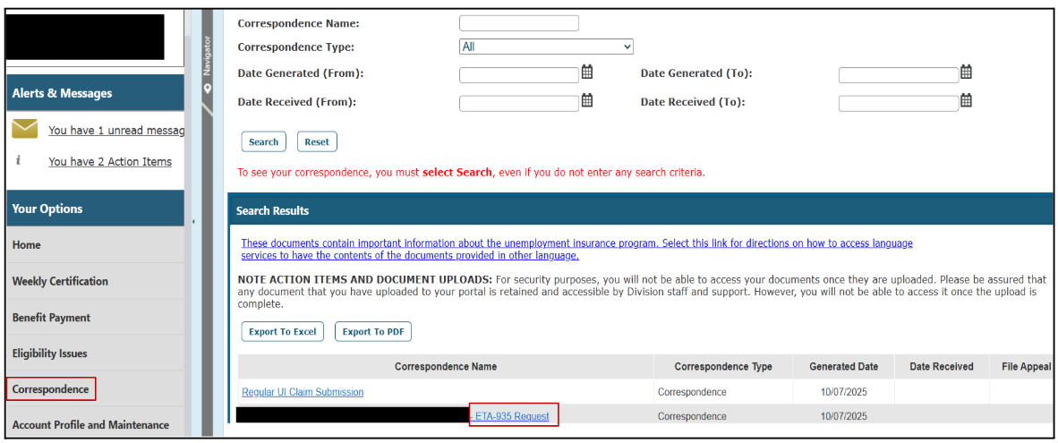 Beacon Search results image with ETA 935 listed as the second listing. There is a red box around the left navigation item Correspondence to indicate you are in the Correspondence setion of the 'Your Options' menu