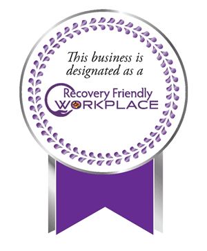 Platinum Medal with the Recovery Friendly Workplace logo and the text above the logo says 'This business is designated as a'